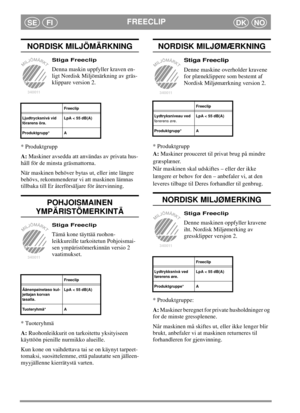 Page 5FREECLIPSEFIDKNO
NORDISK MILJÖMÄRKNING
Stiga Freeclip
Denna maskin uppfyller kraven en-
ligt Nordisk Miljömärkning av gräs-
klippare version 2.
* Produktgrupp
A:Maskiner avsedda att användas av privata hus-
håll för de minsta gräsmattorna.
När maskinen behöver bytas ut, eller inte längre
behövs, rekommenderar vi att maskinen lämnas
tillbaka till Er återförsäljare för återvinning.
POHJOISMAINEN
YMPÄRISTÖMERKINTÄ
Stiga Freeclip
Tämä kone täyttää ruohon-
leikkureille tarkoitetun Pohjoismai-
sen...