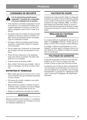 Page 33
FRANÇAISFR
CONSIGNES DE SÉCURITÉ
Lire les instructions attentivement.
Apprendre l’ensemble des commandes
et la bonne utilisation de la machine.
• Cette machine est destinée uniquement à la ton-
te de pelouses. Il est interdit de l’utiliser pour
couper notamment les buissons, les haies, les
plantes grimpantes, pour éviter le risque de se
blesser.
 Ne jamais laisser les enfants ou toute personne
ignorant ces directives utiliser la tondeuse. Il
peut exister une législation locale concernant
l’âge de...