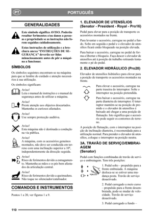 Page 110110
PORTUGUÊSPT
GENERALIDADES
Este símbolo significa AVISO. Poderão 
resultar ferimentos e/ou danos a pesso-
as e propriedade se as instruções não fo-
rem seguidas cuidadosamente.
Estas instruções de utilização e a bro-
chura anexa “INSTRUÇÕES DE SE-
GURANÇA” deverão ser lidas 
minuciosamente antes de pôr a máqui-
na a funcionar.
SÍMBOLOS
Os símbolos seguintes encontram-se na máquina 
para que se lembre do cuidado e atenção necessá-
rios à sua utilização.
Os símbolos significam:
Av i s o !
Leia o manual...