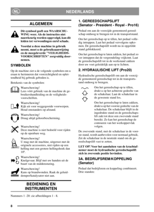 Page 88
NEDERLANDSNL
ALGEMEEN
Dit symbool geeft een WAARSCHU-
WING weer. Als de instructies niet
nauwkeurig worden opgevolgd, kan dit
leiden tot verwondingen en/of schade.
Voordat u deze machine in gebruik
neemt, moet u de gebruiksaanwijzing
en de meegeleverde VEILIGHEIDS-
VOORSCHRIFTEN zorgvuldig door-
nemen.
SYMBOLEN
Op de machine ziet u de volgende symbolen om u
eraan te herinneren dat voorzichtigheid en oplet-
tendheid bij gebruik geboden is.
Betekenis van de symbolen:
Waarschuwing!
Lees vóór gebruik van...