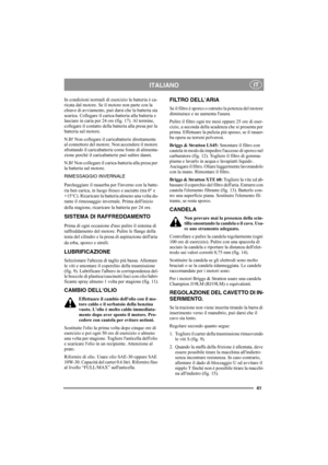 Page 4141
ITALIANOIT
In condizioni normali di esercizio la batteria è ca-
ricata dal motore. Se il motore non parte con la 
chiave di avviamento, può darsi che la batteria sia 
scarica. Collegare il carica-batteria alla batteria e 
lasciare in caria per 24 ore (fig. 17). Al termine, 
collegare il contatto della batteria alla presa per la 
batteria sul motore.
N.B! Non collegare il caricabatterie direttamente 
al connettore del motore. Non accendere il motore 
sfruttando il caricabatterie come fonte di...