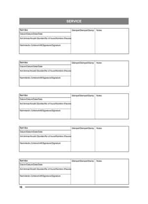 Page 16SERVICE
16
Service
Datum/Datum/Date/Date
Ant timmar/Anzahl Stunden/No of hours/Nombre d’heures
Namnteckn./Unterschrift/Signature/SignatureStämpel/Stempel/Stamp 
Notes 
Service
Datum/Datum/Date/Date
Ant timmar/Anzahl Stunden/No of hours/Nombre d’heures
Namnteckn./Unterschrift/Signature/Signature Stämpel/Stempel/Stamp 
Notes 
Service
Datum/Datum/Date/Date
Ant timmar/Anzahl Stunden/No of hours/Nombre d’heures
Namnteckn./Unterschrift/Signature/SignatureStämpel/Stempel/Stamp 
Notes 
Service...