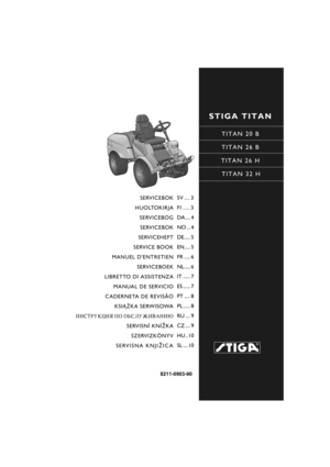 Page 1STIGA TITAN
TITAN 20 B
TITAN 26 B
TITAN 26 H
 TITAN 32 H
8211-0903-9 0
SERVICEBOK
HUOLTOKIRJA SERVICEBOGSERVICEBOK
SERVICEHEFT
SERVICE BOOK
MANUEL DENTRETIEN SERVICEBOEK
LIBRETTO DI ASSISTENZA MANUAL DE SERVICIO
CADERNETA DE REVISÃO KSI¡¯KA SERWISOWA
»Õ—“–” ÷»ﬂ œŒ Œ¡—À”∆»¬¿Õ»ﬁ
SERVISNÍ KNÍ ®KA
SZERVIZKÖNYV
SERVISNA KNJI ®ICA
SV .... 3
FI ..... 3
DA .... 4
NO ... 4
DE..... 5
EN..... 5
FR ..... 6
NL..... 6
IT ...... 7
ES ...... 7
PT ..... 8
PL ...... 8
RU .... 9
CZ .... 9
HU .. 10
SL .... 10 