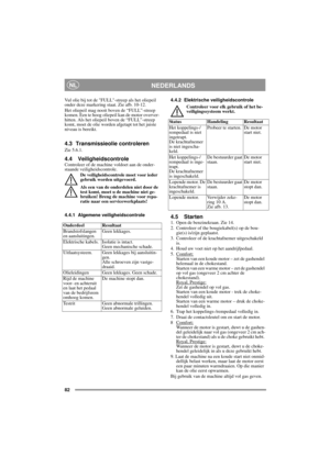 Page 1182
NEDERLANDSNL
Vul olie bij tot de FULL-streep als het oliepeil 
onder deze markering staat. Zie afb. 10-12.
Het oliepeil mag nooit boven de “FULL”-streep 
komen. Een te hoog oliepeil kan de motor overver-
hitten. Als het oliepeil boven de “FULL”-streep 
komt, moet de olie worden afgetapt tot het juiste 
niveau is bereikt.
4.3 Transmissieolie controleren
Zie 5.6.1.
4.4 VeiligheidscontroleControleer of de machine voldoet aan de onder-
staande veiligheidscontrole. 
De veiligheidscontrole moet voor ieder...