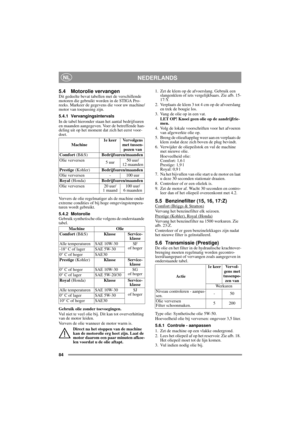 Page 1384
NEDERLANDSNL
5.4 Motorolie vervangenDit gedeelte bevat tabellen met de verschillende 
motoren die gebruikt worden in de STIGA Pro-
reeks. Markeer de gegevens die voor uw machine/
motor van toepassing zijn.
5.4.1 Vervangingsintervals
In de tabel hieronder staan het aantal bedrijfsuren 
en maanden aangegeven. Voer de betreffende han-
deling uit op het moment dat zich het eerst voor-
doet.
Ververs de olie regelmatiger als de machine onder 
extreme condities of bij hoge omgevingstempera-
turen wordt...