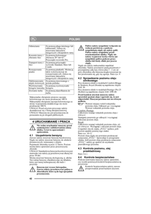 Page 1042
POLSKIPL
Maksymalne obciążenie pionowe zaczepu 
holowniczego nie może przekraczać 100 N.
Maksymalne obciążenie zaczepu holowniczego ze 
strony wyposażenia dodatkowego nie może 
przekraczać 500 N.
UWAGA! Przed użyciem przyczepy należy 
skontaktować się z firmą ubezpieczeniową.
UWAGA! Maszyna nie jest przeznaczona do 
poruszania się po drogach publicznych.
4 URUCHAMIANIE I PRACA
Nie wolno uruchamiać maszyny przed 
zamknięciem i zablokowaniem osłony 
silnika. Grozi to oparzeniami i 
zgnieceniem.
4.1...