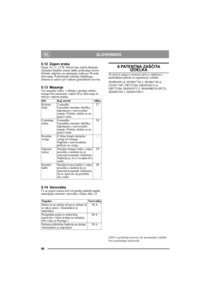 Page 1690
SLOVENSKOSL
5.12 Zajem zrakaGlejte 10, 11, 12:W. Motor ima zračno hlajenje. 
Zamašen hladilni sistem lahko poškoduje motor. 
Očistite odprtino za zajemanje zraka po 50 urah 
delovanja. Podrobnejše čiščenje hladilnega 
sistema se opravi pri vsakem generalnem servisu.
5.13 MazanjeVse mazalne točke, v skladu s spodnjo tabelo, 
morajo biti namazane vsakih 50 ur delovanja in 
tudi po vsakem pranju.
5.14 VarovalkeČe se pojavi katera koli od spodaj naštetih napak, 
zamenjajte ustrezno varovalko. Glejte sliko...