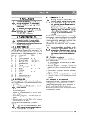 Page 3333
MAGYARHU
1  Á LTA L Á N O S
FIGYELMEZTETŐ jelzés Ha nem 
tartják be pontosan az utasításokat, 
személyi sérülés és/vagy vagyoni kár 
keletkezhet.
Az összeszerelés megkezdése el őtt fi-
gyelmesen olvassa el ezeket az utasítá-
sokat és a „BIZTONSÁGI 
ÚTMUTATÓ” c. füzetet.
2 ÖSSZESZERELÉS
A személyi sérülés és az anyagi kár 
megel őzése érdekében addig ne hasz-
nálja a gépet, ameddig az itt leírt összes 
teend őt el nem végezte.
2.1 A TARTOZÉKOKA géppel együtt, egy m űanyag tasakba csomagol-
va érkeznek...