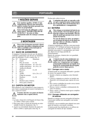 Page 2424
PORTUGUÊSPT
1 NOÇÕES GERAIS
Este símbolo significa AVISO. O não 
cumprimento rigoroso das instruções 
poderá resultar em lesões pessoais e/ou 
danos na propriedade.
Estas instruções de utilização e a bro-
chura anexa INSTRUÇÕES DE SE-
GURANÇA deverão ser lidas 
atentamente antes de começar a monta-
gem.
2 MONTAGEM
Para evitar ferimentos pessoais e danos 
materiais, não utilize a máquina até que 
todas as medidas nesta instrução te-
nham sido aplicadas.
2.1 SACO DE ACESSÓRIOSA máquina é fornecida com...