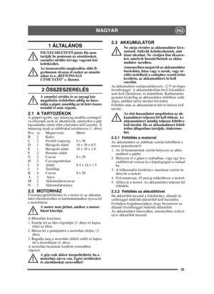 Page 3333
MAGYARHU
1  Á LTA L Á N O S
FIGYELMEZTETŐ jelzés Ha nem 
tartják be pontosan az utasításokat, 
személyi sérülés és/vagy vagyoni kár 
keletkezhet.
Az összeszerelés megkezdése el őtt fi-
gyelmesen olvassa el ezeket az utasítá-
sokat és a „BIZTONSÁGI 
ÚTMUTATÓ” c. füzetet.
2 ÖSSZESZERELÉS
A személyi sérülés és az anyagi kár 
megel őzése érdekében addig ne hasz-
nálja a gépet, ameddig az itt leírt összes 
teend őt el nem végezte.
2.1 A TARTOZÉKOKA géppel együtt, egy m űanyag tasakba csomagol-
va érkeznek...