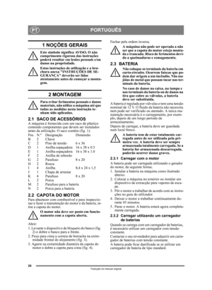 Page 2424
PORTUGUÊSPT
Tradução do manual original
1 NOÇÕES GERAIS
Este símbolo significa AVISO. O não 
cumprimento rigoroso das instruções 
poderá resultar em lesões pessoais e/ou 
danos na propriedade.
Estas instruções de utilização e a bro-
chura anexa INSTRUÇÕES DE SE-
GURANÇA deverão ser lidas 
atentamente antes de começar a monta-
gem.
2 MONTAGEM
Para evitar ferimentos pessoais e danos 
materiais, não utilize a máquina até que 
todas as medidas nesta instrução te-
nham sido aplicadas.
2.1 SACO DE...