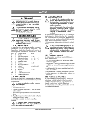 Page 3333
MAGYARHU
Eredeti használati utasítás fordítása
1 ÁLTALÁNOS
FIGYELMEZTETŐ jelzés Ha nem 
tartják be pontosan az utasításokat, 
személyi sérülés és/vagy vagyoni kár 
keletkezhet.
Az összeszerelés megkezdése el őtt fi-
gyelmesen olvassa el ezeket az utasítá-
sokat és a „BIZTONSÁGI 
ÚTMUTATÓ” c. füzetet.
2 ÖSSZESZERELÉS
A személyi sérülés és az anyagi kár 
megel őzése érdekében addig ne hasz-
nálja a gépet, ameddig az itt leírt összes 
teend őt el nem végezte.
2.1 A TARTOZÉKOKA géppel együtt, egy műanyag...