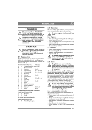 Page 1919
NEDERLANDSNL
1 ALGEMEEN
Dit symbool geeft een WAARSCHU-
WING weer. Als de instructies niet 
nauwkeurig worden opgevolgd, kan dit 
leiden tot verwondingen en/of schade.
Voordat u deze machine in gebruik 
neemt, moet u de gebruiksaanwijzing 
en de meegeleverde VEILIGHEIDS-
VOORSCHRIFTEN zorgvuldig 
doornemen.
2 MONTAGE
Om verwondingen en schade te voorko-
men, dient u de machine niet te gebrui-
ken voordat alle aangegeven 
maatregelen in deze gebruiksaanwij-
zing zijn opgevolgd.
2.1 Accessoires
Bij de...