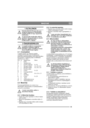 Page 3333
MAGYARHU
1 ÁLTALÁNOS
FIGYELMEZTETŐ jelzés Ha nem 
tartják be pontosan az utasításokat, 
személyi sérülés és/vagy vagyoni kár 
keletkezhet.
Az összeszerelés megkezdése előtt fi-
gyelmesen olvassa el ezeket az utasítá-
sokat és a „BIZTONSÁGI 
ÚTMUTATÓ” c. füzetet.
2 ÖSSZESZERELÉS
A személyi sérülés és az anyagi kár 
megelőzése érdekében addig ne 
használja a gépet, ameddig az itt leírt 
összes teendőt el nem végezte.
2.1 A tartozékok
A géppel együtt, egy műanyag tasakba 
csomagolva érkeznek azok az...