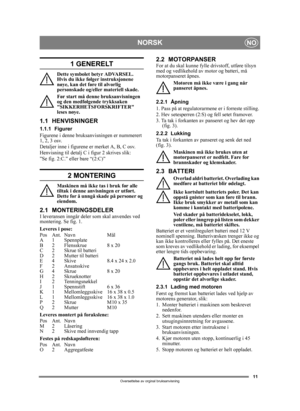 Page 1111
NORSKNO
Oversettelse av orginal bruksanvisning
1 GENERELT
Dette symbolet betyr ADVARSEL. 
Hvis du ikke følger instruksjonene 
nøye, kan det føre til alvorlig 
personskade og/eller materiell skade.
Før start må denne bruksanvisningen 
og den medfølgende trykksaken 
SIKKERHETSFORSKRIFTER 
leses nøye.
1.1 HENVISNINGER
1.1.1 Figurer
Figurene i denne bruksanvisningen er nummerert 
1, 2, 3 osv. 
Detaljer inne i figurene er merket A, B, C osv.
Henvisning til detalj C i figur 2 skrives slik:
”Se fig. 2:C.”...