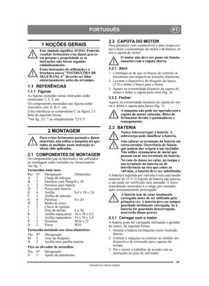 Page 3131
PORTUGUÊSPT
Tradução do manual original
1 NOÇÕES GERAIS
Este símbolo significa AVISO. Poderão 
resultar ferimentos e/ou danos graves 
em pessoas e propriedade se as 
instruções não forem seguidas 
cuidadosamente.
Estas instruções de utilização e a 
brochura anexa INSTRUÇÕES DE 
SEGURANÇA deverão ser lidas 
minuciosamente antes do arranque.
1.1 REFERÊNCIAS
1.1.1 Figuras
As figuras incluídas nestas instruções estão 
numeradas 1, 2, 3, etc. 
Os componentes mostrados nas figuras estão 
marcados com A, B,...