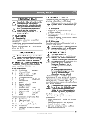 Page 5151
LIETUVIŲ KALBALT
Originalios instrukcijos vertimas
1 BENDROJI DALIS
Šis simbolis reiškia ATSARGIAI. Jeigu 
būsite neatsarg ūs ir nesilaikysite 
instrukcij ų, galite stipriai susižeisti ir 
(arba) patirti materialini ų nuostolių.
Prieš naudodamiesi mašina atidžiai 
perskaitykite šias naudojimo 
instrukcijas ir pridedamas SAUGOS 
INSTRUKCIJAS.
1.1 NUORODOS
1.1.1 Paveiksl ėliai
Šiose naudojimo instrukcijose paveiksl ėliai 
sunumeruoti 1, 2, 3 ir t. t.
Paveiksl ėliuose pavaizduotos sudedamosios dalys...