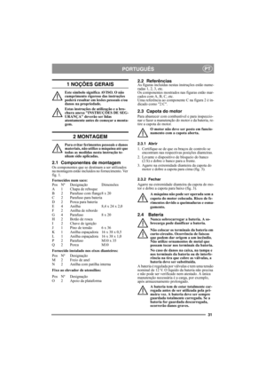 Page 3131
PORTUGUÊSPT
1 NOÇÕES GERAIS
Este símbolo significa AVISO. O não 
cumprimento rigoroso das instruções 
poderá resultar em lesões pessoais e/ou 
danos na propriedade.
Estas instruções de utilização e a bro-
chura anexa INSTRUÇÕES DE SEG-
URANÇA deverão ser lidas 
atentamente antes de começar a monta-
gem.
2 MONTAGEM
Para evitar ferimentos pessoais e danos 
materiais, não utilize a máquina até que 
todas as medidas nesta instrução te-
nham sido aplicadas.
2.1 Componentes de montagemOs componentes que se...