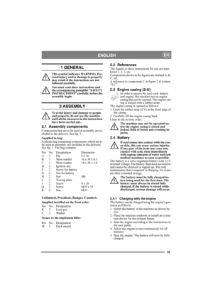 Page 1515
ENGLISHEN
1 GENERAL
This symbol indicates WARNING. Per-
sonal injury and/or damage to property 
may result if the instructions are not 
followed carefully.
You must read these instructions and 
the accompanying pamphlet “SAFETY 
INSTRUCTIONS” carefully, before the 
assembly begin.
2 ASSEMBLY
To avoid injury and damage to people 
and property, do not use the machine 
until all the measures in this instruction 
have been carried out..
2.1 Assembly components
Components that are to be used at assembly...