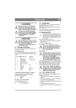 Page 2121
NEDERLANDSNL
1 ALGEMEEN
Dit symbool geeft een WAARSCHU-
WING weer. Als de instructies niet 
nauwkeurig worden opgevolgd, kan dit 
leiden tot verwondingen en/of schade.
Voordat u deze machine in gebruik 
neemt, moet u de gebruiksaanwijzing 
en de meegeleverde VEILIGHEIDS-
VOORSCHRIFTEN zorgvuldig 
doornemen.
2 MONTAGE
Om verwondingen en schade te voorko-
men, dient u de machine niet te gebrui-
ken voordat alle aangegeven 
maatregelen in deze gebruiksaanwij-
zing zijn opgevolgd.
2.1 Montage-onderdelen...