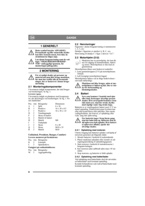 Page 88
DANSKDA
1 GENERELT
Dette symbol betyder ADVARSEL. 
Personskade og/eller materielle skader 
kan blive konsekvensen, hvis ikke in-
struktionerne følges nøje.
Læs denne brugsanvisning samt de ved-
lagte SIKKERHEDSFORSKRIF-
TER omhyggeligt igennem, før 
monteringen påbegyndes.
2 MONTERING
For at undgå skader på personer og 
materiel må man ikke bruge maskinen, 
før man har truffet alle de foranstalt-
ninger, der er beskrevet i denne brugs-
anvisning.
2.1 Monteringskomponenter
I leverancen indgår...