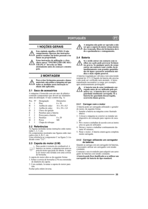 Page 2525
PORTUGUÊSPT
1 NOÇÕES GERAIS
Este símbolo significa AVISO. O não 
cumprimento rigoroso das instruções 
poderá resultar em lesões pessoais e/ou 
danos na propriedade.
Estas instruções de utilização e a bro-
chura anexa INSTRUÇÕES DE SEG-
URANÇA deverão ser lidas 
atentamente antes de começar a monta-
gem.
2 MONTAGEM
Para evitar ferimentos pessoais e danos 
materiais, não utilize a máquina até que 
todas as medidas nesta instrução te-
nham sido aplicadas.
2.1 Saco de acessórios
A máquina é fornecida com...