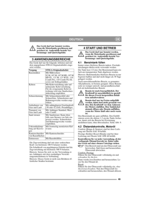 Page 1049
DEUTSCHDE
Das Gerät darf nur benutzt werden, 
wenn die Motorhaube geschlossen und 
gesichert ist. Andernfalls besteht Ver-
brennungs- und Quetschgefahr.
3 ANWENDUNGSBEREICHE
Das Gerät darf nur für folgende Arbeiten und mit 
dem angegebenen STIGA-Originalzubehör einge-
setzt werden:
Die Zugvorrichtung darf mit einer senkrechten 
Kraft von höchstens 100 N belastet werden.
Die Schubkraft von angehängtem Zubehör darf die 
Zugvorrichtung mit höchstens 500 N belasten.
Hinweis: Setzen Sie sich vor der...