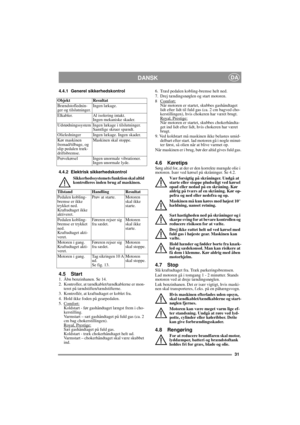 Page 1131
DANSKDA
4.4.1 Generel sikkerhedskontrol
4.4.2 Elektrisk sikkerhedskontrol
Sikkerhedssystemets funktion skal altid 
kontrolleres inden brug af maskinen.
4.5 Start1.  Åbn benzinhanen. Se 14.
2. Kontroller, at tændkablet/tændkablerne er mon-
teret på tændstiften/tændstifterne.
3.  Kontrollér, at kraftudtaget er koblet fra. 
4.  Hold ikke foden på gearpedalen. 
5. Comfort:
Koldstart - før gashåndtaget længst frem i cho-
kerstilling. 
Varmstart – sæt gashåndtaget på fuld gas (ca. 2 
cm bag...