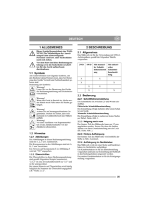 Page 2525
DEUTSCHDE
1 ALLGEMEINES
Dieses Symbol kennzeichnet eine WAR-
NUNG. Ein Nichtbefolgen der Anwei-
sungen kann schwerwiegende 
Personen- und bzw. oder Sachschäden 
nach sich ziehen.
Vor dem Start sind diese Bedienungsan-
leitung sowie die Sicherheitsvorschrif-
ten für das Gerät aufmerksam 
durchzulesen.
1.1 SymboleAm Gerät befinden sich folgende Symbole, um 
den Bediener darauf hinzuweisen, dass bei Benut-
zung des Geräts Vorsicht und Aufmerksamkeit ge-
boten sind.
Bedeutung der Symbole:
Warnung!
Lesen...