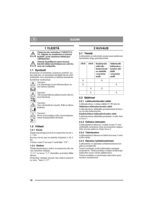 Page 1010
SUOMI FI
1 YLEISTÄ
Tämä kuvake tarkoittaa VAROITUS-
TA. Ohjeita on noudatettava tarkasti 
henkilö- ja/tai omaisuusvahinkojen 
välttämiseksi.
Tutustu huolellisesti ennen koneen 
käyttöä tähän käyttöohjeeseen sekä ko-
neen turvaohjeisiin.
1.1 SymbolitKoneeseen on kiinnitetty seuraavat symbolit, joi-
den tarkoitus on muistuttaa käyttäjää käytön edel-
lyttämästä varovaisuudesta ja tarkkaavaisuudesta.
Symbolien merkitykset:
Varoitus!
Lue käyttöopas ja turvallisuusohjeet en-
nen laitteen käyttöä.
Varoitus!...