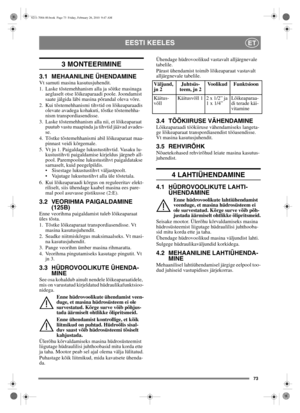 Page 7473
EESTI KEELESET
3 MONTEERIMINE
3.1 MEHAANILINE ÜHENDAMINEVt samuti masina kasutusjuhendit.
1. Laske tõstemehhanism alla ja sõitke masinaga aeglaselt otse lõikeaparaadi poole. Joondamist 
saate jälgida läbi masina põrandal oleva võre.
2. Kui tõstemehhanismi tihvtid on lõikeaparaadis  olevate avadega kohakuti, tõstke tõstemehha-
nism transpordiasendisse.
3. Laske tõstemehhanism alla nii, et lõikeaparaat  puutub vastu maapinda ja tihvtid jäävad avades-
se.
4. Tõstke tõstemehhanismi abil lõikeaparaat maa-...