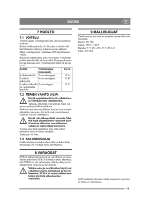 Page 1111
SUOMIFI
7 HUOLTO
7.1 VOITELUVoitele kaikki voitelupisteet alla olevan taulukon 
mukaan.
Kolme leikkuuakselia (11:B) tulee voidella 100 
käyttötunnin välein ja jokaisen pesun jälkeen.
Muut voitelupisteet voidellaan 250 käyttötunnin 
välein.
Käytä rasvapuristinta, joka on täytetty voitelunip-
poihin tarkoitetulla yleisrasvalla. Pumppaa kunnes 
rasvaa pursuaa ulos. Voitelupisteet näkyvät kuvas-
sa  11.
7.2 TERIEN VAIHTO (10:P)
Käytä suojakäsineitä teriä vaihdettaes-
sa viiltohaavojen välttämiseksi....