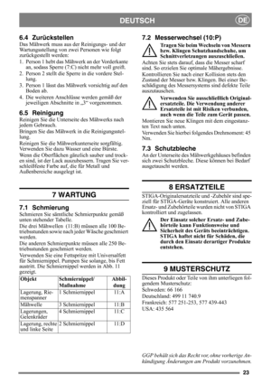 Page 2323
DEUTSCHDE
6.4 Zurückstellen
Das Mähwerk muss aus der Reinigungs- und der 
Wartungsstellung von zwei Personen wie folgt 
zurückgestellt werden:
1. Person 1 hebt das Mähwerk an der Vorderkante 
an, sodass Sperre (7:C)  nicht mehr voll greift.
2. Person 2 stellt die Sperre in die vordere Stel- lung.
3. Person 1 lässt das Mähwerk vorsichtig auf den  Boden ab.
4. Die weiteren Anschlüsse werden gemäß der  jeweiligen Abschnitte in „3“ vorgenommen.
6.5 Reinigung
Reinigen Sie die Unterseite des Mähwerks nach...