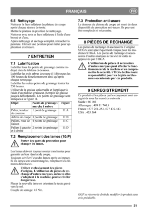 Page 3131
FRANÇAISFR
6.5 Nettoyage
Nettoyer la face inférieur du plateau de coupe 
après chaque séance de tonte. 
Mettre le plateau en position de nettoyage. 
Nettoyer avec soin sa face inférieure à laide dune 
brosse et deau.
Après nettoyage et séchag e complet, retoucher la 
peinture. Utiliser une peinture pour métal pour ap-
plication extérieure.
7 ENTRETIEN
7.1 Lubrification
Lubrifier tous les points de graissage comme in-
diqué dans le tableau ci-dessous.
Lubrifier les trois arbres de  coupe (11:B) toutes...