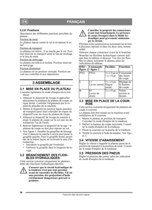 Page 3636
FRANÇAISFR
Traduzione delle istruzioni originali
2.2.6 Positions
Description des différentes positions possibles du 
plateau :
Position de tonte
: 
Le plateau repose contre le  sol et en épouse le re-
lief.
Position de transport
:
Le plateau est relevé ; il ne touche pas le sol. Posi-
tion réservée au transport entre le lieu de stockage 
et le lieu de tonte.
Position de nettoyage
:
Le plateau est relevé et  incliné. Position réservée 
au nettoyage.
Position dentretien
:
Le plateau est en position...