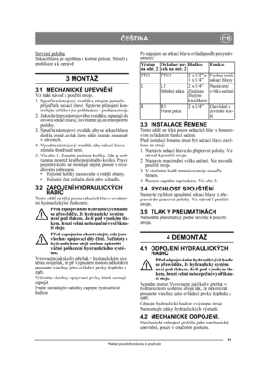 Page 7171
ČEŠTINACS
Překlad p ůvodního návodu k používání
Servisní poloha:
Sekací hlava je zajišt ěna v kolmé poloze. Slouží k 
prohlídce a k oprav ě.
3 MONTÁŽ 
3.1 MECHANICKÉ UPEVNĚNÍViz také návod k použití stroje.
1. Spus ťte nástrojový zvedák a strojem pomalu 
př ije ďte k sekací hlav ě. Správné p řipojení kon-
trolujte m řížkovým pr ůhledem v podlaze stroje.
2. Jakmile  čepy nástrojového zvedáku zapadají do 
otvor ů sekací hlavy, zdvihn ěte jej do transportní 
polohy.
3. Spus ťte nástrojový zvedák, aby se...