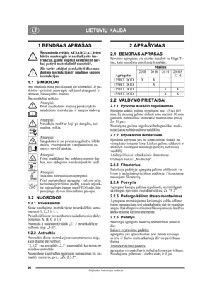 Page 9090
LIETUVIŲ KALBALT
Originalios instrukcijos vertimas
1 BENDRAS APRAŠAS
Šis simbolis reiškia ATSARGIAI. Jeigu 
bűsite neatsarg űs ir nesilaikysite ins-
trukcij ř, galite stipriai susi ţeisti ir (ar-
ba) patirti materialini ř nuostoli ř.
Jű s turite atid ţiai perskaityti  đias nau-
dojimo instrukcijas ir ma đinos saugos 
instrukcijas.
1.1 SIMBOLIAIAnt mašinos būna pavaizduoti šie simboliai. J ř pa-
skirtis – priminti jums apie reikiam ŕ atsargum ŕ ir 
dëmesá, naudojantis ma đina.
Šie simboliai reiškia:...
