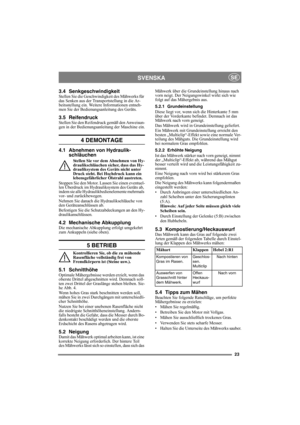 Page 2323
SVENSKASE
3.4 SenkgeschwindigkeitStellen Sie die Geschwindigkeit des Mähwerks für 
das Senken aus der Transportstellung in die Ar-
beitsstellung ein. Weitere Informationen entneh-
men Sie der Bedienungsanleitung des Geräts.
3.5 ReifendruckStellen Sie den Reifendruck gemäß den Anweisun-
gen in der Bedienungsanleitung der Maschine ein.
4 DEMONTAGE
4.1 Abnehmen von Hydraulik-
schläuchen
Stellen Sie vor dem Abnehmen von Hy-
draulikschläuchen sicher, dass das Hy-
drauliksystem des Geräts nicht unter 
Druck...
