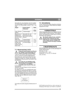 Page 2525
SVENSKASE
Verwenden Sie eine Fettspritze mit Universalfett 
für Schmiernippel. Pumpen Sie solange, bis Fett 
austritt. Die Schmiernippel werden in Abb. 11 ge-
zeigt.
7.2 Messerwechsel (10:D)
Tragen Sie beim Wechseln von Messern 
bzw. Klingen Schutzhandschuhe, um 
Schnittverletzungen auszuschließen.
Achten Sie stets darauf, dass die Messer scharf 
sind. So erzielen Sie optimale Mähergebnisse. 
Kontrollieren Sie nach einer Kollision stets den 
Zustand der Messer bzw. Klingen. Bei einer Be-
schädigung...