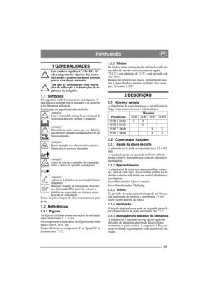 Page 5151
PORTUGUÊSPT
1 GENERALIDADES
Este símbolo significa CUIDADO. O 
não cumprimento rigoroso das instru-
ções poderá resultar em lesões pessoais 
graves e/ou danos materiais.
Tem que ler atentamente estas instru-
ções de utilização e as instruções de se-
gurança da máquina.
1.1 SímbolosOs seguintes símbolos aparecem na máquina. A 
sua função é lembrar-lhe os cuidados e as atenções 
a ter durante a utilização.
Explicação do significado dos símbolos:
Atenção!
Leia o manual de instruções e o manual de...