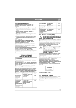 Page 6565
РУССКИЙRU
6.4РазблокированиеДля выведения блока из положений для 
очистки и обслуживания требуются два 
человека:
1.Один человек поднимает блок за передний 
край, чтобы блок освободился от защелки 
(7:C).
2.Второй человек переводит защелку в 
переднее положение.
3.Первый человек осторожно опускает блок 
на землю.
4.Прочие соединения выполняются согласно 
указаниям соответствующего раздела “3”.
6.5ЧисткаПосле каждого использования машины 
необходимо производить очистку нижней 
поверхности режущего...