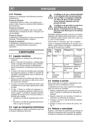 Page 5656
PORTUGUÊSPT
2.2.6 Posições
Seguem-se as definições das diferentes posições 
da plataforma:
Posição de flutuação
: 
A plataforma apoia-se sobre o seu próprio peso 
contra o chão e segue os contornos deste durante o 
funcionamento.
Posição de transporte
:
A plataforma está levantada e não toca no chão. 
Utilizada para o transporte de ida e volta para o lo-
cal de trabalho.
Posição de limpeza
:
A plataforma é bloqueada em cima, numa posição 
inclinada. Utilizada durante a limpeza.
Posição de assistência...
