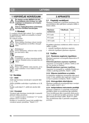 Page 1616
LATVISKILV
1 VISPĀRĒJIE NORĀ DĪJUMI
Šis simbols nor āda BR ĪDIN ĀJUMU. 
Šo nor ād ījumu neiev ērošana var rad īt 
nopietnus savainojumus un/vai  īpašu-
ma boj ājumus.
Jums ir r ūpīgi j āiepaz īstas ar lietošanas 
un ier īces droš ības instrukcij ām.
1.1SimboliUz maš īnas redzami šā di simboli. Tie ir vajadz īgi, 
lai atgā dinātu par r ūpību un uzman ību, ko prasa 
maš īnas lietošana.
Šie simboli noz īm ē:
Br īdinā jums!
Pirms maš īnas lietošanas izlasiet instruk-
ciju rokasgr āmatu un droš ības...