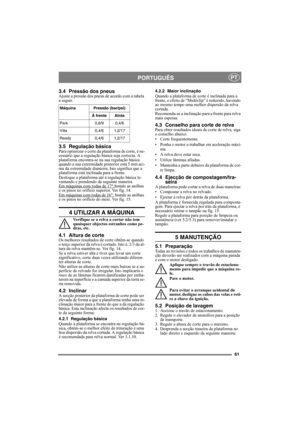 Page 6161
PORTUGUÊSPT
3.4 Pressão dos pneusAjuste a pressão dos pneus de acordo com a tabela 
a seguir.
3.5 Regulação básicaPara optimizar o corte da plataforma de corte, é ne-
cessário que a regulação básica seja correcta. A 
plataforma encontra-se na sua regulação básica 
quando a sua extremidade posterior está 5 mm aci-
ma da extremidade dianteira. Isto significa que a 
plataforma está inclinada para a frente.
Desloque a plataforma até à regulação básica le-
vantando e prendendo da seguinte maneira.
Em...