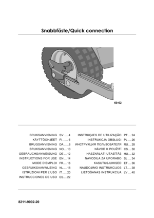 Page 18211-9002-20
60-62
Snabbfäste/Quick connection
INSTRUÇõES DE UTILIZAÇÃO
INSTRUKCJA OBSŁUGI
ИНСТРУКЦИЯ ПОЛЬЗОВАТЕЛЯ
NÁVOD K POUŽITÍ
HASZNÁLATI UTASÍTÁS
NAVODILA ZA UPORABO
KASUTUSJUHISED
NAUDOJIMO INSTRUKCIJOS
LIETOŠANAS INSTRUKCIJAPT .... 24
PL .... 26
RU.... 28
CS .... 30
HU.... 32
SL .... 34
ET .... 36
LT..... 38
LV .... 40 BRUKSANVISNING
KÄYTTÖOHJEET
BRUGSANVISNING
BRUKSANVISNING
GEBRAUCHSANWEISUNG
INSTRUCTIONS FOR USE
MODE D’EMPLOI
GEBRUIKSAANWIJZING
ISTRUZIONI PER L’USO
INSTRUCCIONES DE USOSV .......