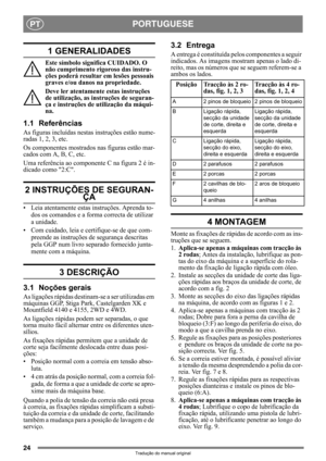 Page 2424
PORTUGUESEPT
Tradução do manual original
1 GENERALIDADES
Este símbolo significa CUIDADO. O 
não cumprimento rigoroso das instru-
ções poderá resultar em lesões pessoais 
graves e/ou danos na propriedade.
Deve ler atentamente estas instruções 
de utilização, as instruções de seguran-
ça e instruções de utilização da máqui-
na.
1.1 Referências
As figuras incluídas nestas instruções estão nume-
radas 1, 2, 3, etc.
Os componentes mostrados nas figuras estão mar-
cados com A, B, C, etc.
Uma referência ao...
