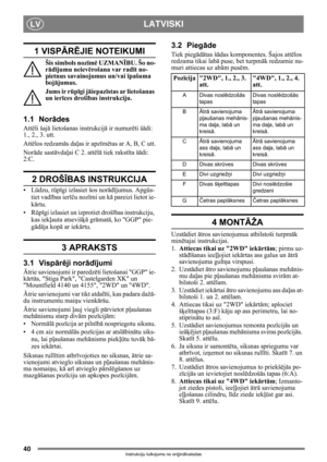Page 4040
LATVISKILV
Instrukciju tulkojums no oriģinālvalodas
1 VISPĀRĒJIE NOTEIKUMI
Šis simbols nozīmē UZMANĪBU. Šo no-
rādījumu neievērošana var radīt no-
pietnus savainojumus un/vai īpašuma 
bojājumus.
Jums ir rūpīgi jāiepazīstas ar lietošanas 
un ierīces drošības instrukciju.
1.1 Norādes
Attēli šajā lietošanas instrukcijā ir numurēti šādi: 
1., 2., 3. utt. 
Attēlos redzamās daļas ir apzīmētas ar A, B, C utt.
Norāde sastāvdaļai C 2. attēlā tiek rakstīta šādi: 
2:C.
2 DROŠĪBAS INSTRUKCIJA
•Lūdzu, rūpīgi...