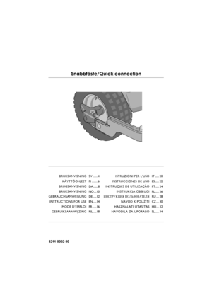 Page 18211-9002-80
Snabbfäste/Quick connection
ISTRUZIONI PER L’USO
INSTRUCCIONES DE USO
INSTRUÇõES DE UTILIZAÇÃO
INSTRUKCJA OBS£UGI
»HC“P”K÷»ﬂ œOÀ‹«Œ¬¿“EÀﬂ
NÁVOD K POU®ITÍ
HASZNÁLATI UTASÍTÁS
NAVODILA ZA UPORABOIT ...... 20
ES ...... 22
PT ..... 24
PL...... 26
RU .... 28
CZ .... 30
HU.... 32
SL ...... 34 BRUKSANVISNING
KÄYTTÖOHJEET
BRUGSANVISNING
BRUKSANVISNING
GEBRAUCHSANWEISUNG
INSTRUCTIONS FOR USE
MODE D’EMPLOI
GEBRUIKSAANWIJZINGSV ...... 4
FI ....... 6
DA....... 8
NO ....10
DE .....12
EN .....14
FR...