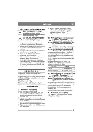 Page 33
SVENSKASE
1 SÄKERHETSFÖRESKRIFTER
Denna symbol betyder VARNING. 
Allvarlig personskada och/eller 
egendomsskada kan bli följden om inte 
instruktionerna följs noga.
Före start skall denna bruksanvisning 
samt maskinens säkerhetsföreskrifter 
och bruksanvisning läsas noga.
• Läs igenom instruktionerna noga. Lär alla 
reglage samt rätt användning av aggregatet.
• Läs noga och förstå säkerhetsföreskrifterna som 
levererades i separat bok tillsammans med 
maskinen.
• Ingen person får befinna sig mellan...