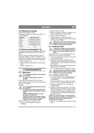 Page 7575
ESPAÑOLES
4.16  Mango de arranqueTirador para arrancar el motor.
El mango de arranque se muestra de acuerdo con 
la tabla siguiente:
4.17 Patín de profundidad (1:S).La función del patín de profundidad es mantener la 
estabilidad de la máquina para poder cultivar la 
tierra.
Hay que extraer las ruedas auxiliares antes de 
comenzar el trabajo. Consulte el apartado «4.11».
El patín de profundidad puede ajustarse a la altura 
deseada. Proceda como se indica a continuación:
1. Quite el mando (1:S).
2....